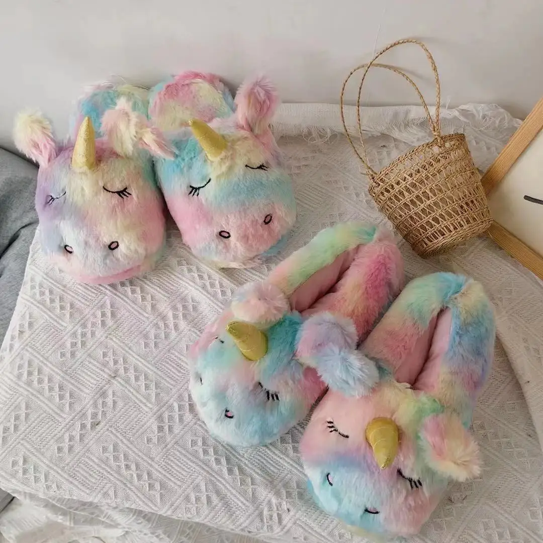 Plush Unicorn Slippers Comfortable Slip-on House Shoes Non-Slip Fluffy Couple Slippers Furry Animal Slippers for Indoor Bedroom