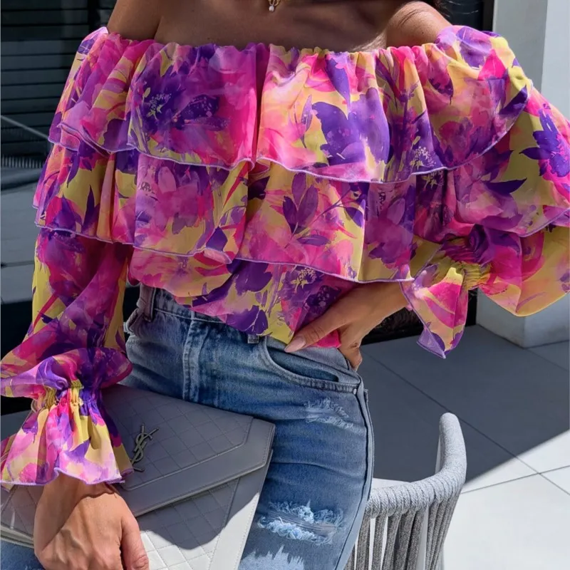 Spring And Autumn Sexy Fashion One Line Neck Off Shoulder Printed Shirt Elegant Women\'s Ruffle Edge Long Sleeved Casual Blouse