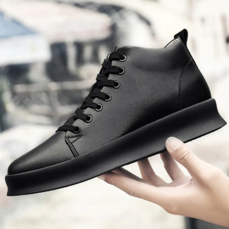 Men Sneakers Elevator Shoes All Black Men\'s Leather Casual Shoes Hidden Heels 8CM 6CM Heightening Shoes Pure White Height Shoes