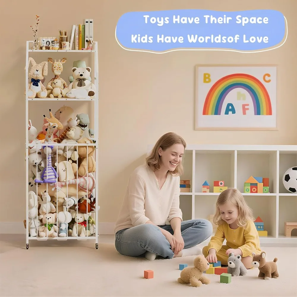 حديقة حيوانات كبيرة محشوة بالخشب والمعدن، حامل ألعاب قطيفة من 3 طبقات مع عجلات فرامل لتوفير المساحة