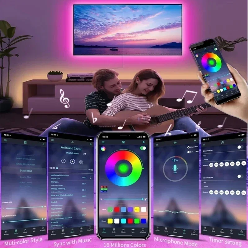 Inteligente LED Strip Lights com controle APP, mudança de cor, 5050 RGB, USB, fita flexível lâmpada, decoração do quarto, TV Backlight Diode