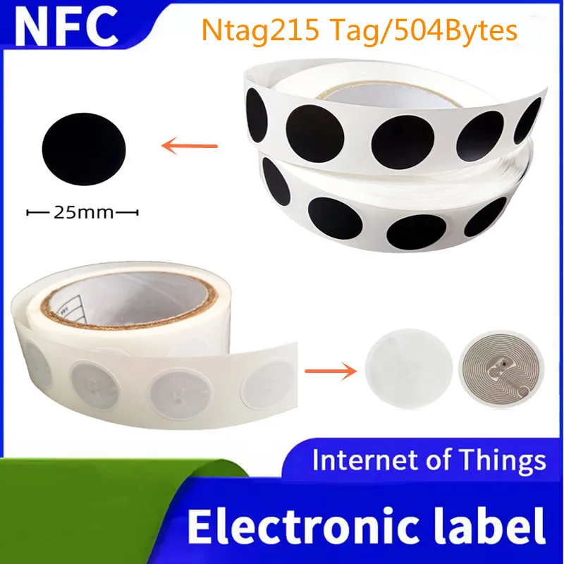 

25mm NFC Tag Black NFC 215 Stickers Protocol ISO14443A 13.56MHz 540Bytes NTAG215 Universal Label RFID Tags for All NFC Phones