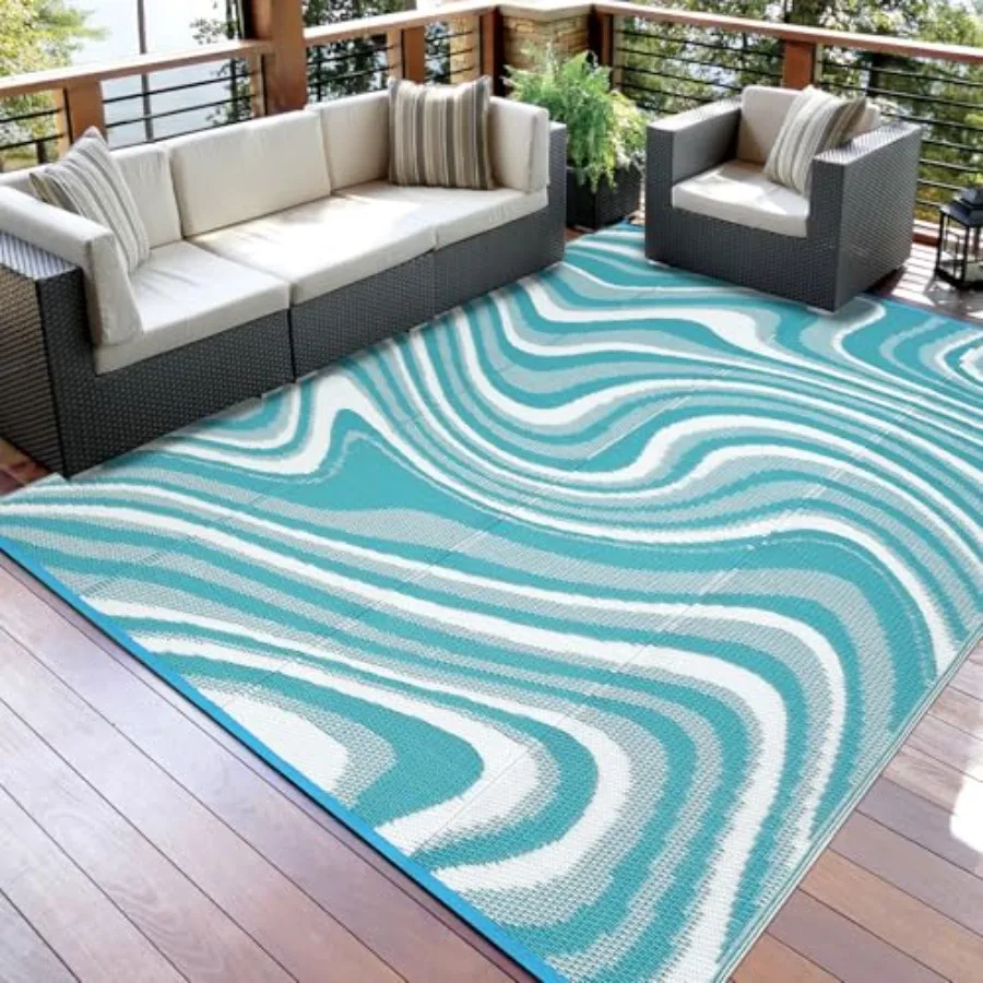 

Outdoor RV camping rug, waterproof plastic straw, light blue, foldable lightweight reversible UV resistant mat for picnic backy