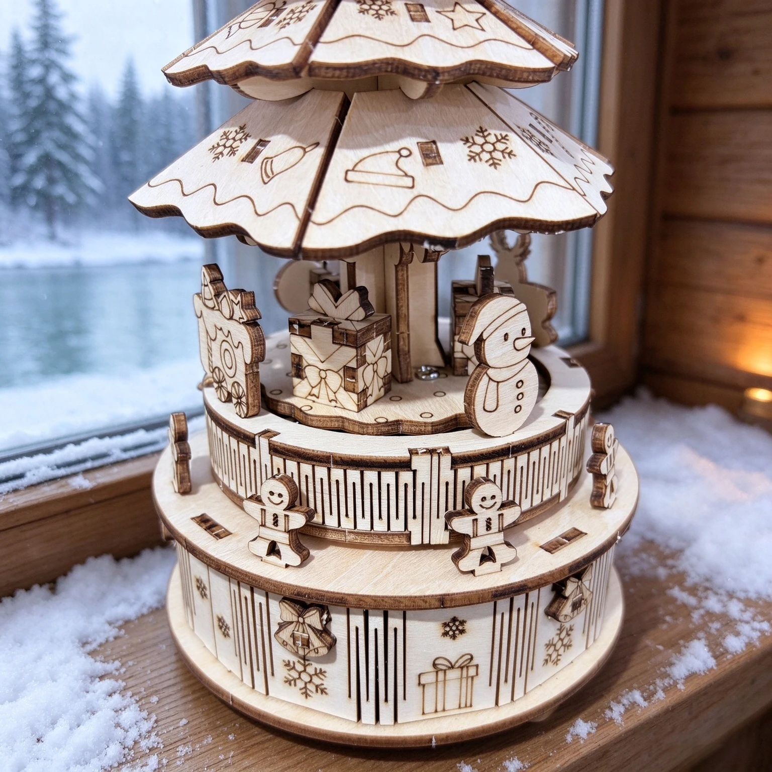 DIY Wooden Christmas Tree Rotating Music Box, Multi-layer Xmas Scene with Snowman Gingerbread Man Desktop Decor Gift