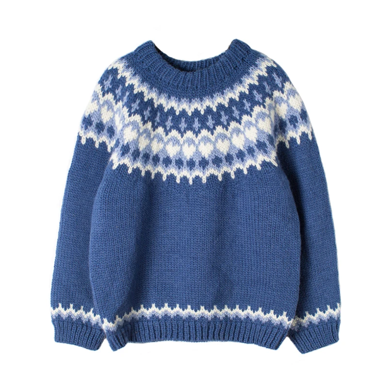 

102-112cm Bust Fall Winter Blue Pullovers Women Fair Isle Fashion Vintage Pure Handmade Knit Thick Warm 100%Wool Jumper Sweaters