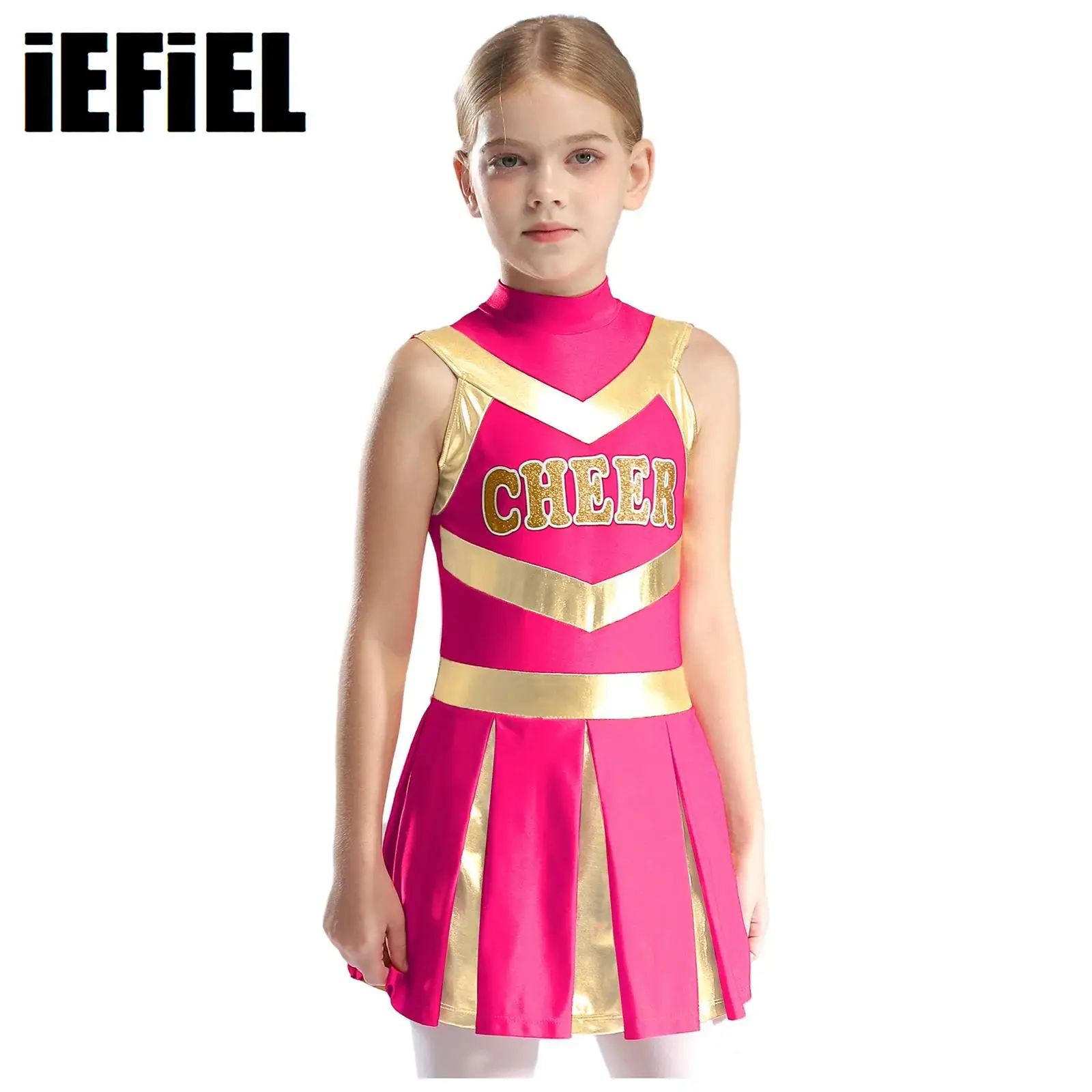 

Kids Girls Cheerleading Uniform Halloween Costume Mock Neck Sleeveless Letter Print Contrast Color Pleated Dress