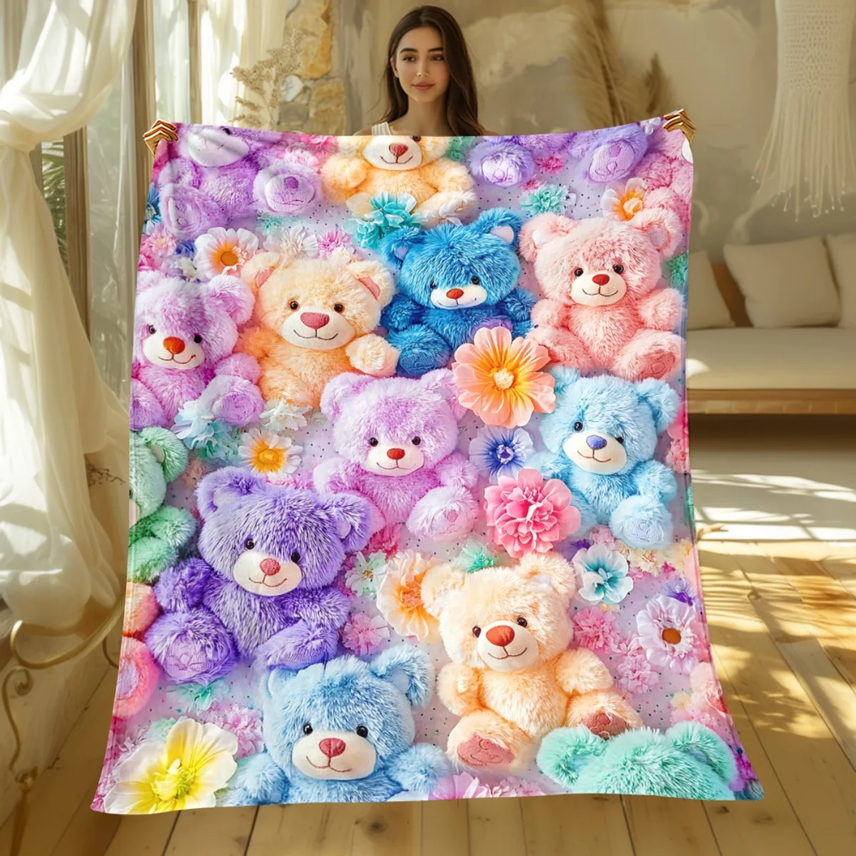 Colorful Bears Flannel Blanket - Lightweight Digital Printed All-Season Machine Washable for Sofas Beds Travel Camping Offices
