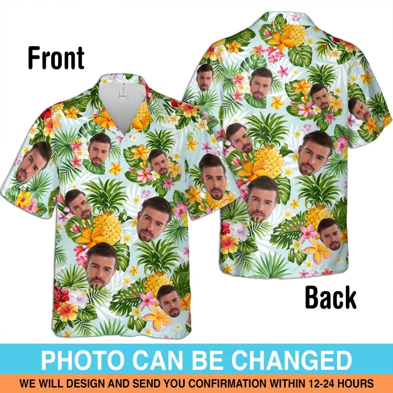 

Customized Portrait Graphic Hawaiian Shirt For Men Flower 3D Printed Short Sleeve Summer Loose Street Aloha Shirts Lapel Blouses
