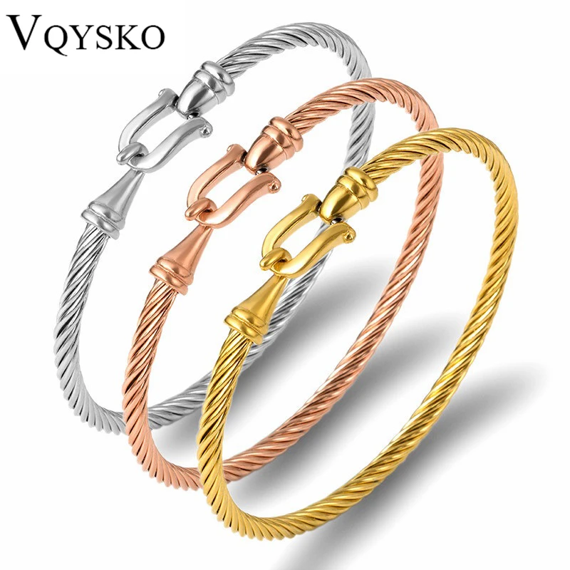 VQYSKO Stainless Steel Open Bracelet Ladies Horseshoe Buckle U-shaped Head Jewelry Couple Titanium Steel Bracelet