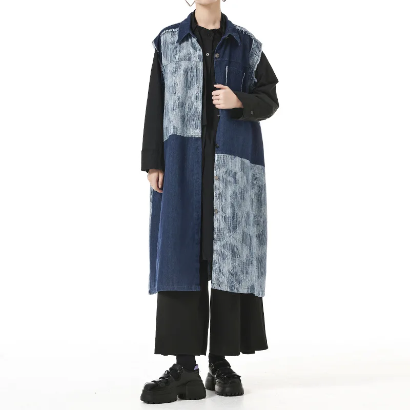 HKSH Women Long Waistcoat Distressed Denim Color Block Patchwork Slimming Elegant Casual Sleeveless Jacket Spring Autumn HK22994