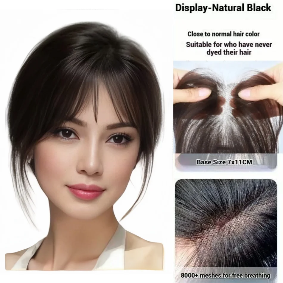 

Purely Hand-Knitted Human Hair Toppers for Women with Air Bangs Borderless Single-Layer Invisible Lace Base Clip in Hairpieces