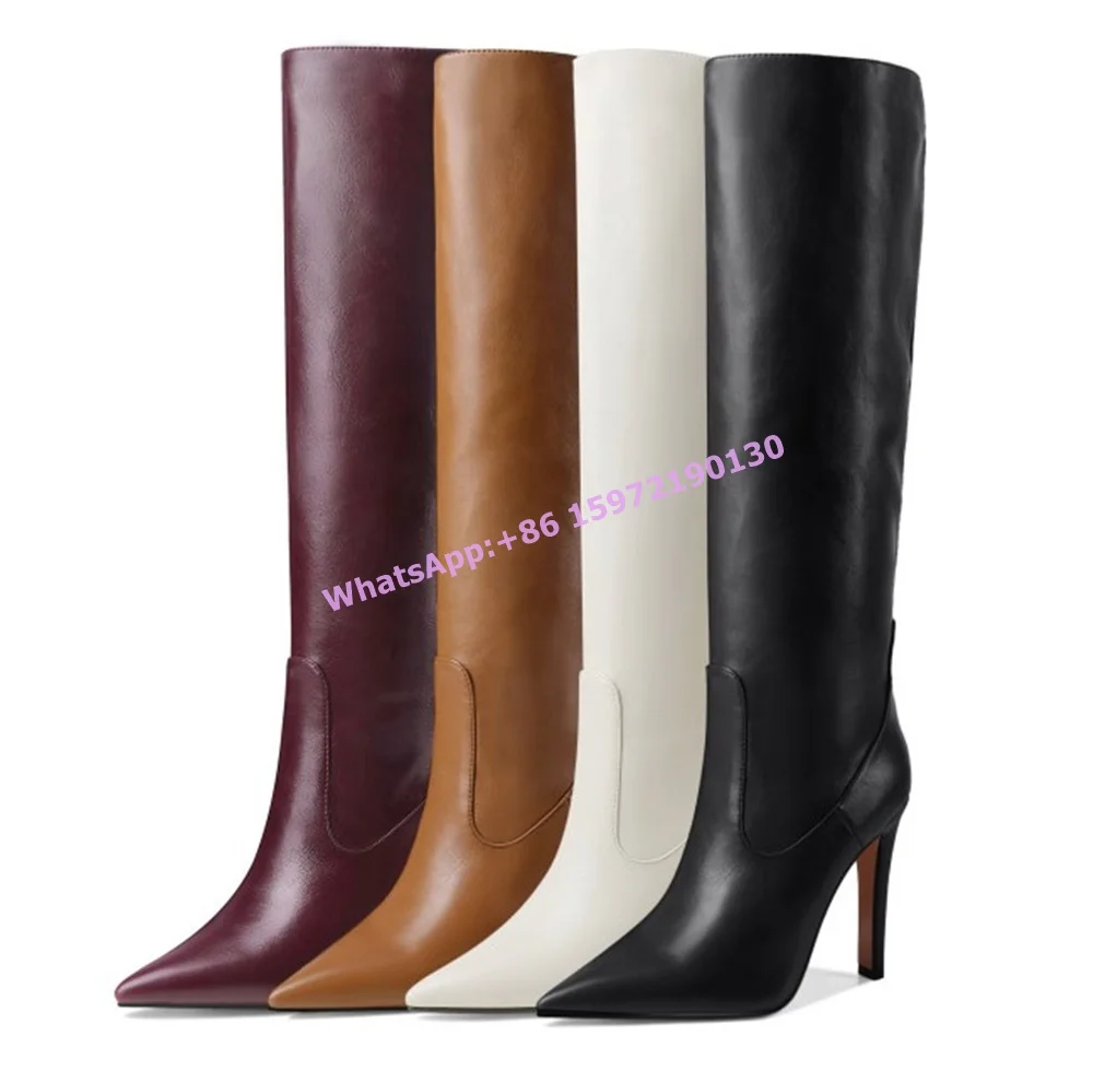 Leather Thin Heels Knight Shoes Pointy Toe Slip On Solid Black Sewing Knee High Boots Concise Basic Winter Women's Shoes 2025