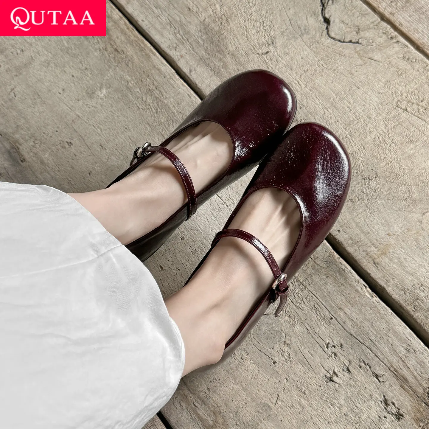 QUTAA 2026 Fashion Women Flats Shoes Genuine Leather Woman Spring Casual Loafers Mary Jane Shoes Round Toe Ladies Dress 34-39