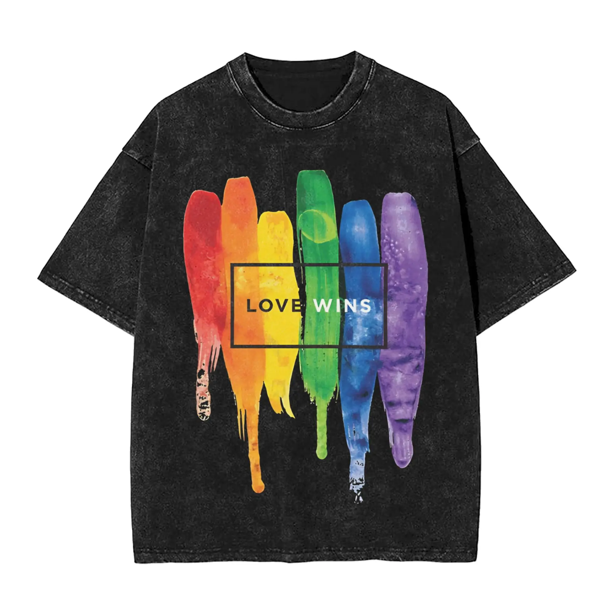 LGBT Love Wins Rainbow Paint Typographic T Shirt Hip Hop Washed T-Shirts  Vintage Men Women Tops Streetwear Graphic Tee Shirt