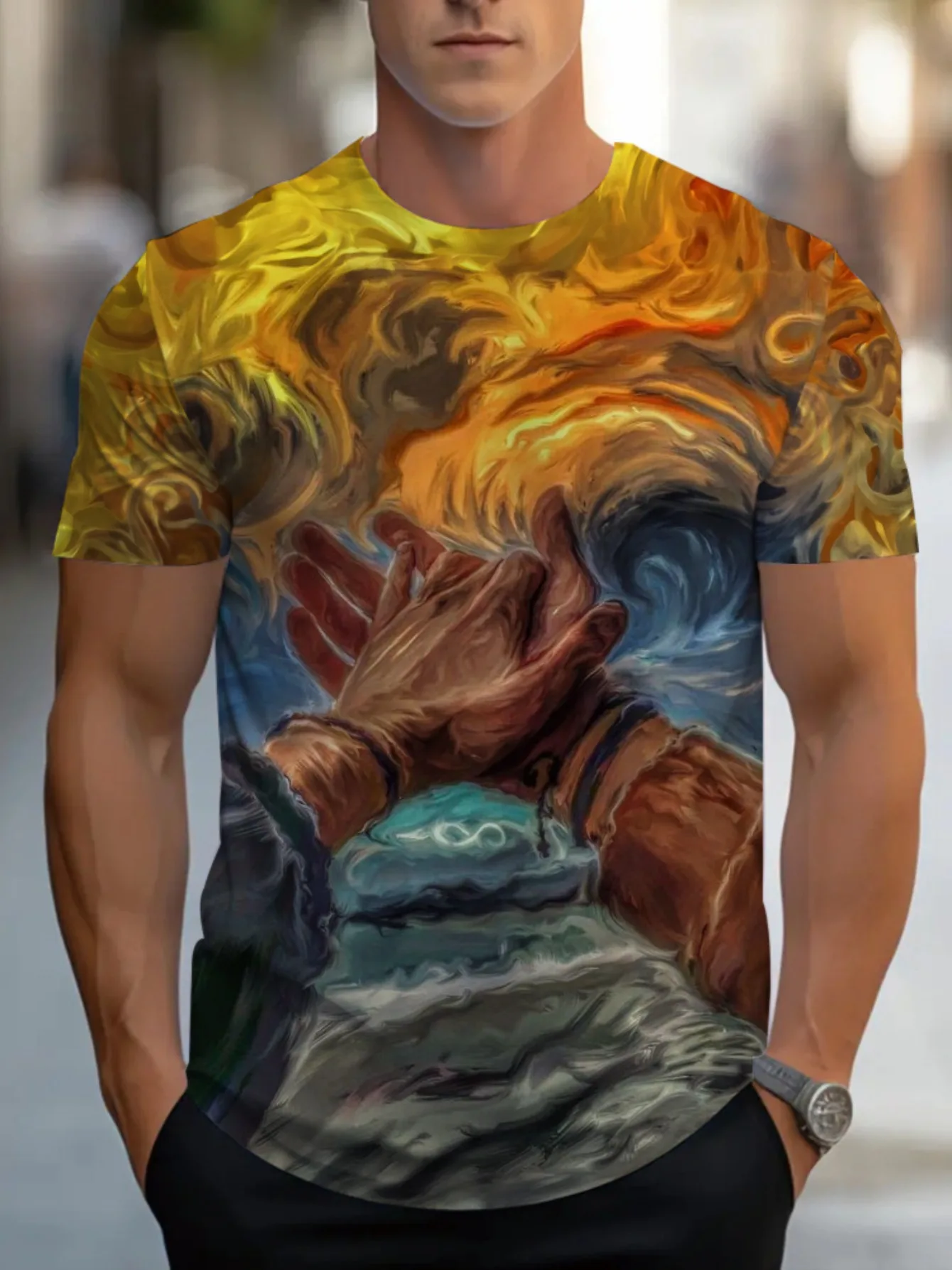 Men Golden Swirl Starry Sky Praying Hands Oil Painting Abstract Print Short Sleeve Crew Neck Casual T-shirt