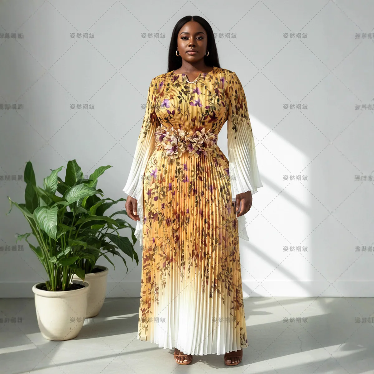 

Miyake Pleated 2025 Women's Dress with A High-end Feel, Mesh Printed Evening Dress, Long Sleeved Waist Cinched Pleated Skirt