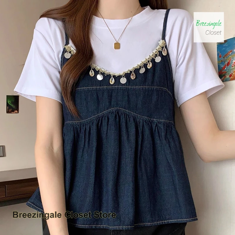 Korean temperament fake two-piece sling splicing short-sleeved shirt women's summer new loose plus size doll shirt short clothes