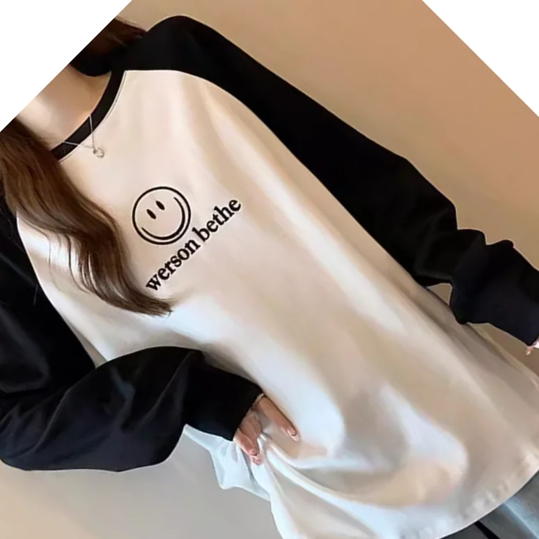 Large Size Women's Clothing Autumn And Winter New Loose Contrasting Colors To Keep Warm Inside And Outside Long-sleeved T-shirt