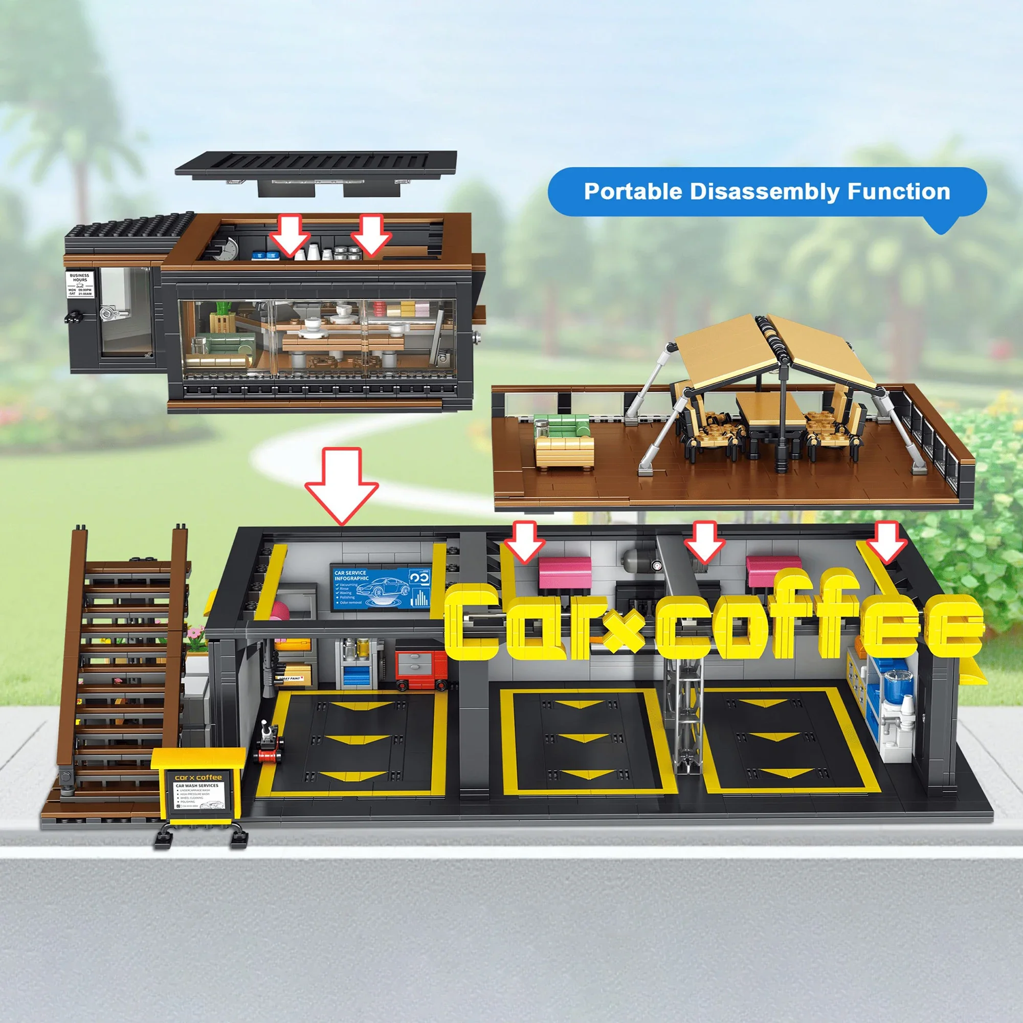 Koffie Auto Reparatiewerkplaats Koffie Auto Club Bouwstenen 2496pcs Street View Cafe Winkel Modulaire Bakstenen Speelgoed voor Kinderen volwassenen Geschenken