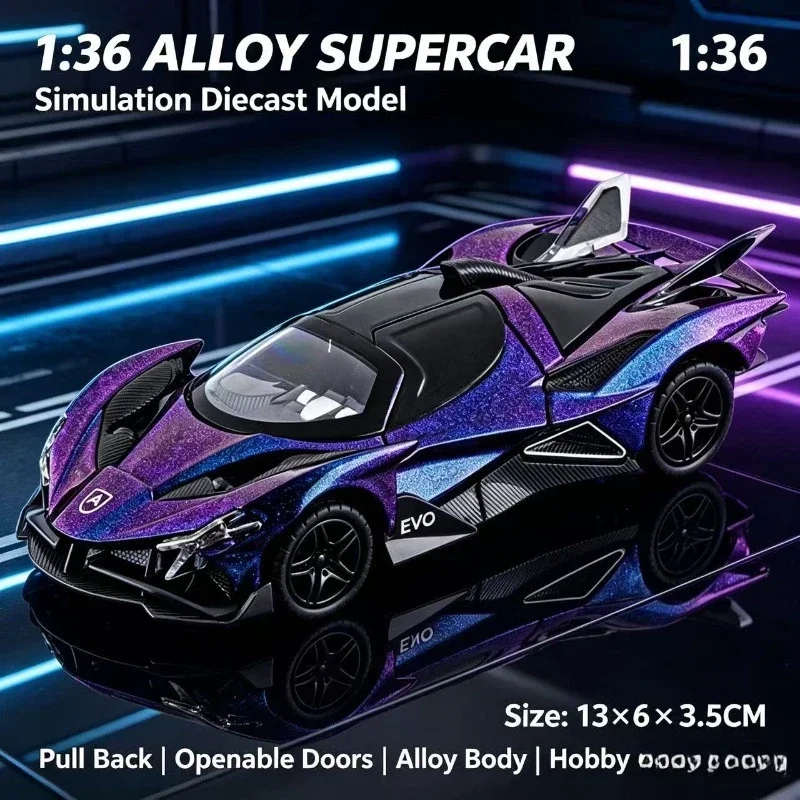Car Model 1:36 Scale Supercar Replica, Diecast Pull-Back Metal Sports Vehicle, Openable Doors, Sleek Aerodynamic Body, Hobby