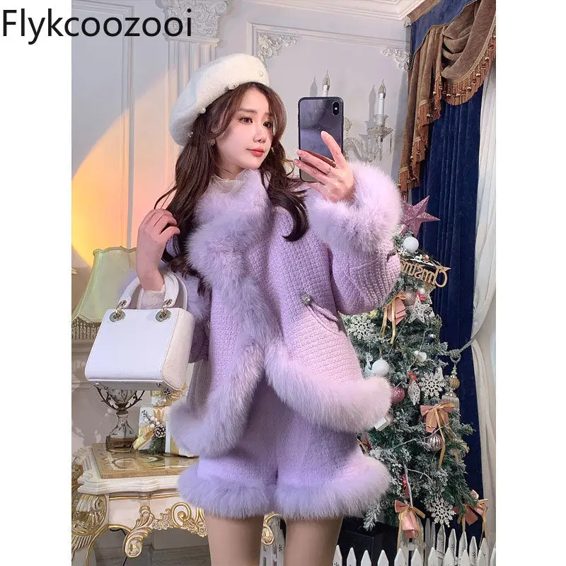 Vetement Femme Pas Cher Ensemble Fashion Designed Faux Fox Fur Short Jacket and Shorts Fashionable Two-piece Suit