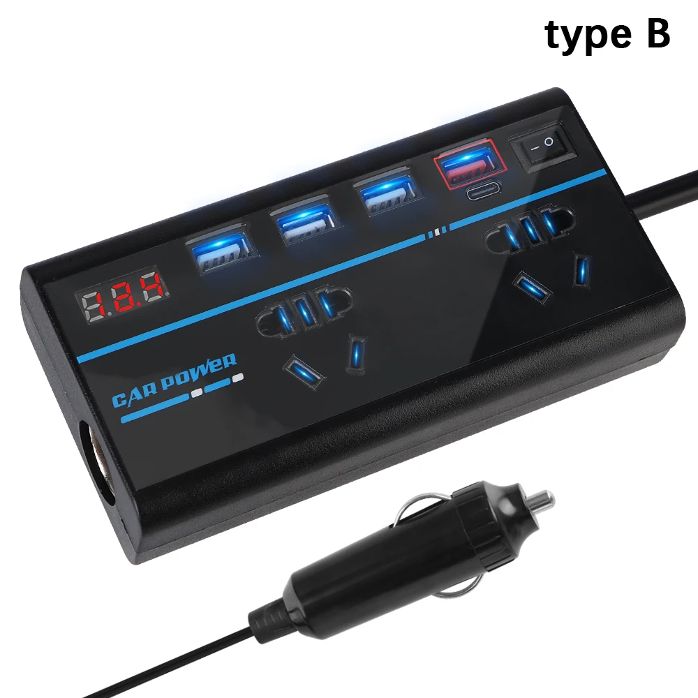 ON/OFF Switch 8 Ports Sockets QC 3.0 Car Inverter Power Adapter USB/PD/Type-C Chargers 200W DC 12V/24V to AC 110V/220V Converter