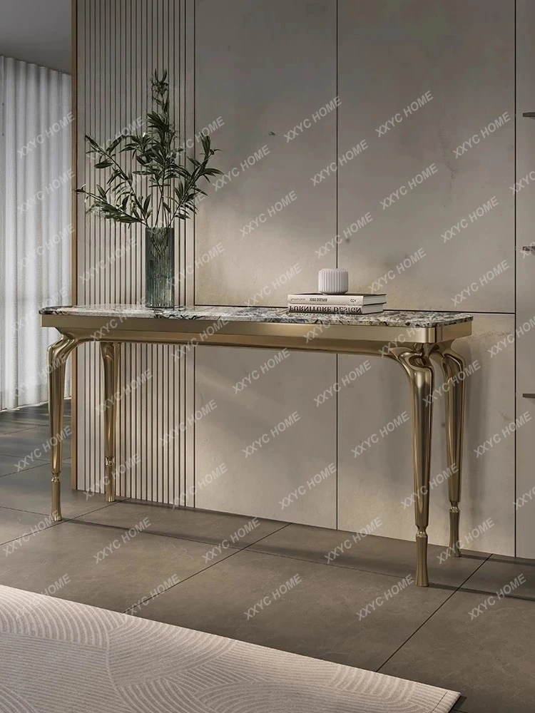 

Элегантный столик для прихожей из натурального мрамора, современный минималистичный столик премиум-класса с элементами из нержавеющей стали.