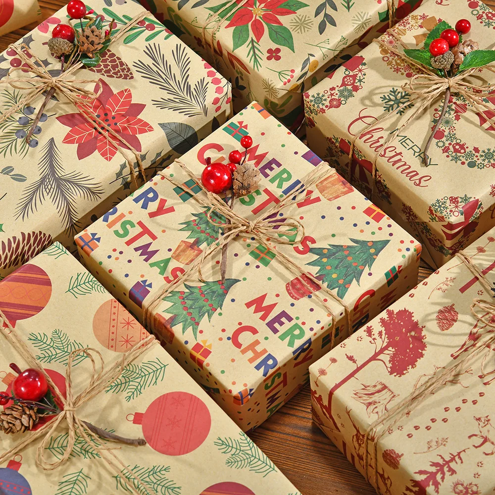 Christmas Day Cartoon Printing Kraft Paper Diy Plant Christmas Tree Christmas Ball Gift Packaging Holiday Gift Wrapping Paper