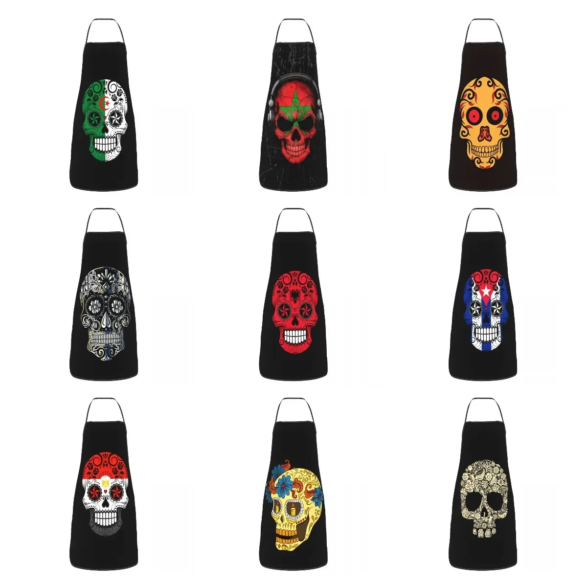 Sugar Skull With Roses And Flag Of Algeria Bib Aprons Women Men Kitchen Chef Mexican Calavera Tablier Cuisine for Cooking Baking