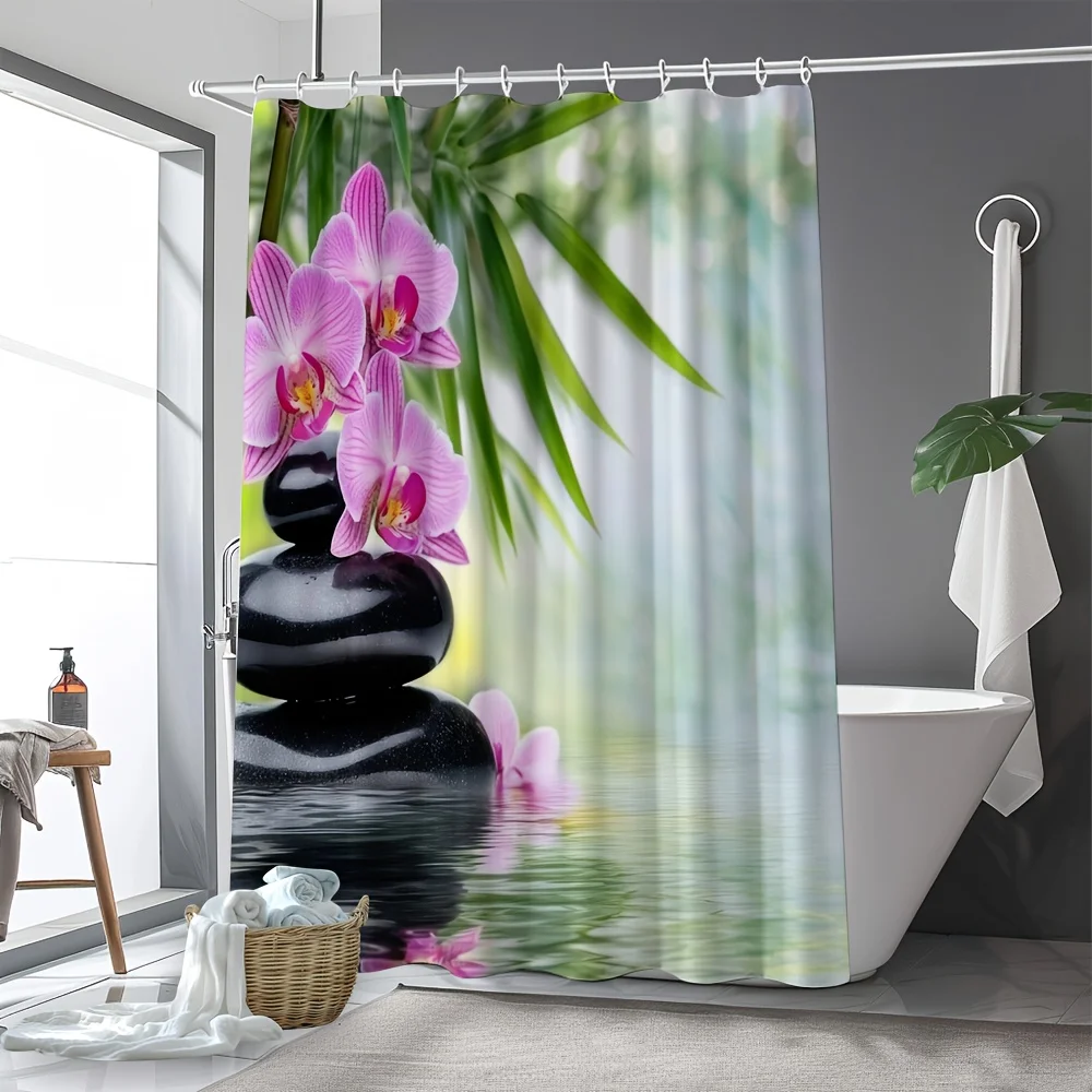 Pink Orchid and Zen Stones Shower Curtain Waterproof Easy to Clean Privacy Protection Print Spa Design Peaceful Nature 12hooks