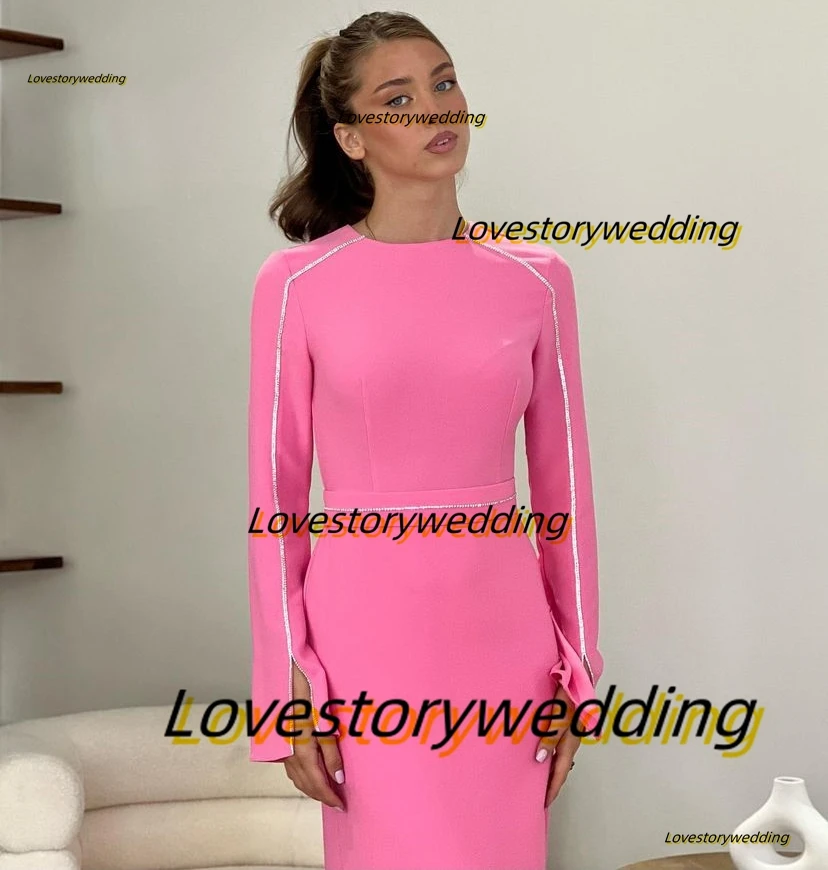 Lovestory O-Neck Prom Dresses Long Sleeves Chain Drills Evening Party Dress Saudi Arabia Women Wear Ankle Length Gowns