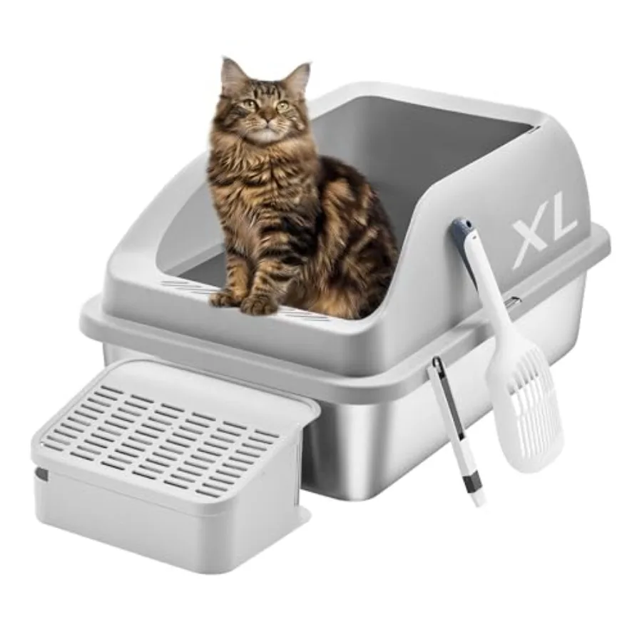 

Stainless Steel Cat Litter Box with High Sided Litter Tray with Step Scoop Brush for Cats up to 33 lb UPPT008GD01