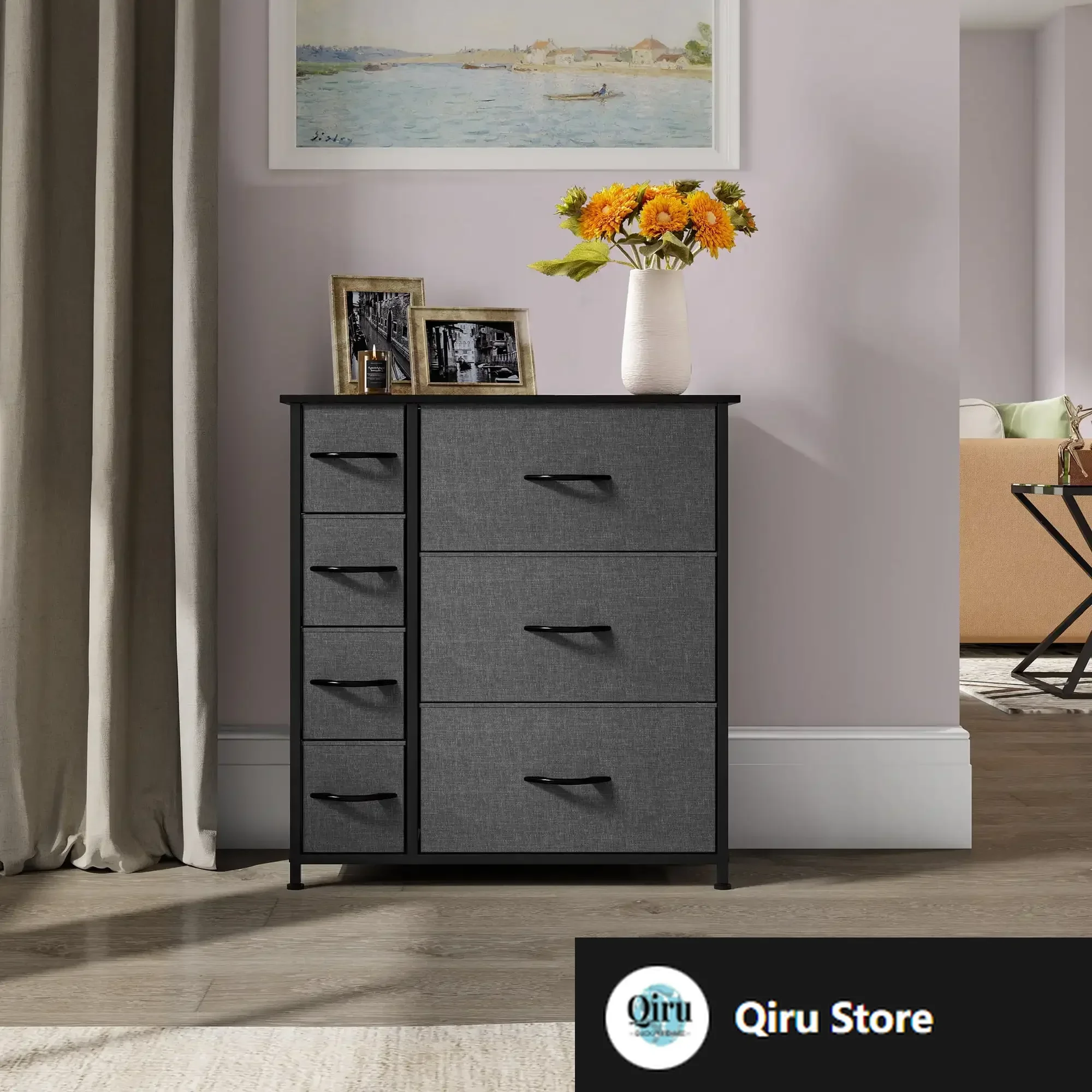

7 Drawers High Dresser Bedroom Living Room Storage Tower Organizer, Black Grey