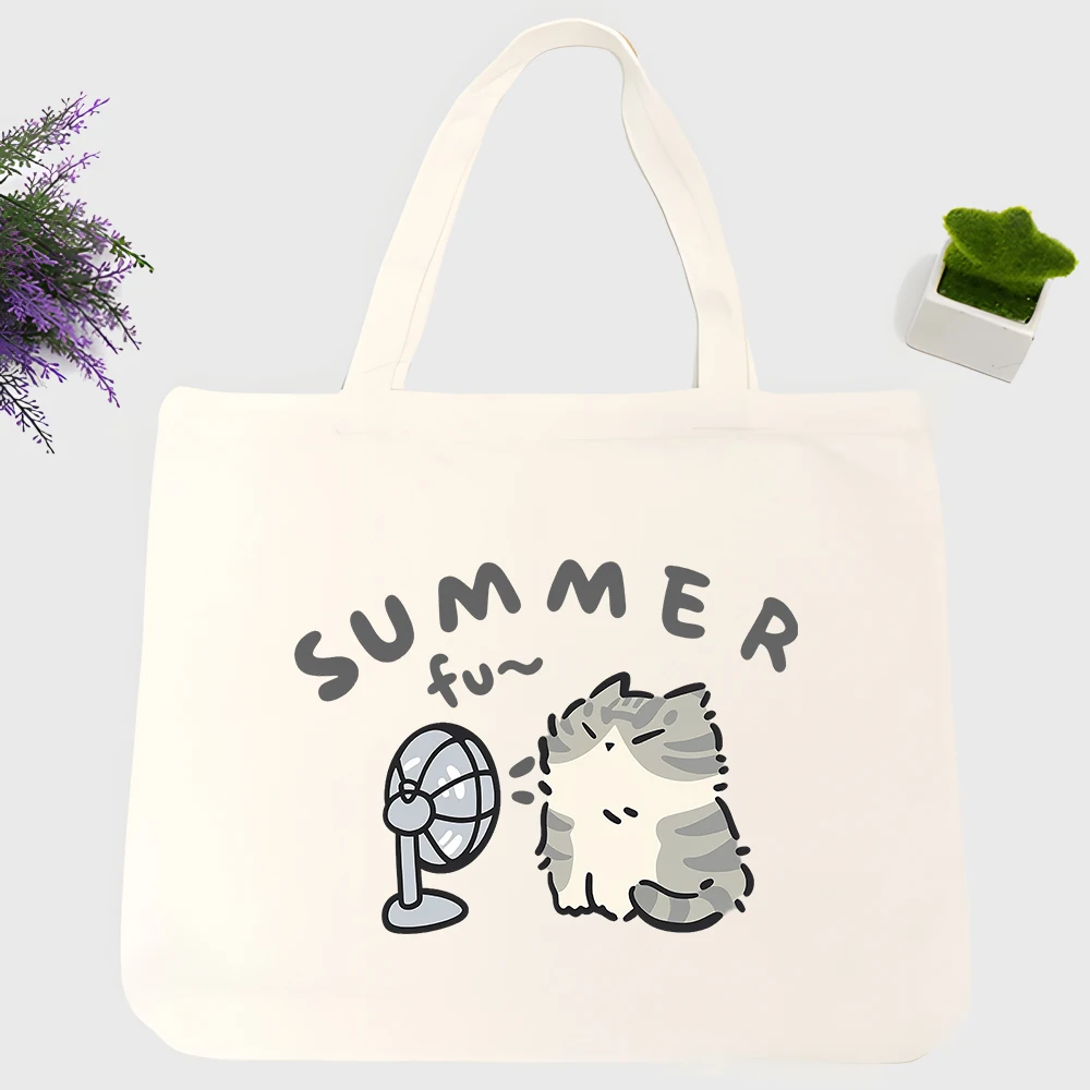Men's cat and fan graphic canvas tote bag with letter print, casual style for summer outings