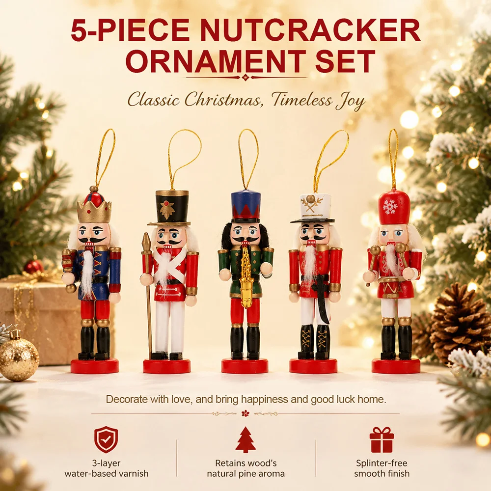 12cm 5-teiliges Holz-Nussknacker-Soldaten-Geschenkset Weihnachten DIY Baum-Anhänger Hängende Dekoration Geschenke für Zuhause Party Feiertagsdekoration – Detail 5