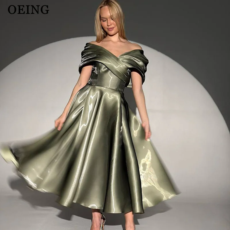 

OEING Vintage A-Line Olive Green Evening Dresses Draped Ruffle Off Shoulder Satin Midi Prom Dress Birthday Dress Customized