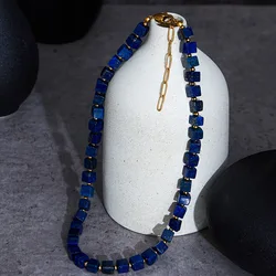 European and American simplicity Lapis Lazuli Blue Square Sweater Chain Necklace Luxury Autumn Winter Accessory Bead Light