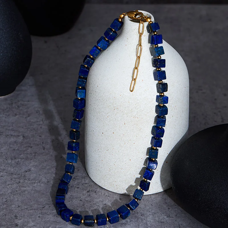 European and American simplicity Lapis Lazuli Blue Square Sweater Chain Necklace  Luxury Autumn Winter Accessory Bead Light