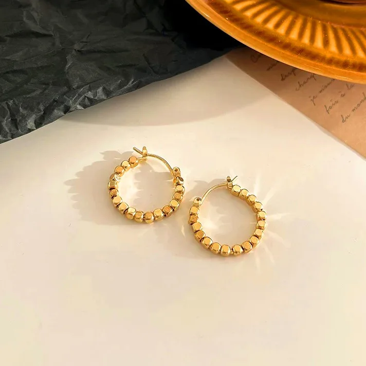 New light luxury 9999 24K real gold small sugar cube earrings circle square versatile earrings earrings earrings