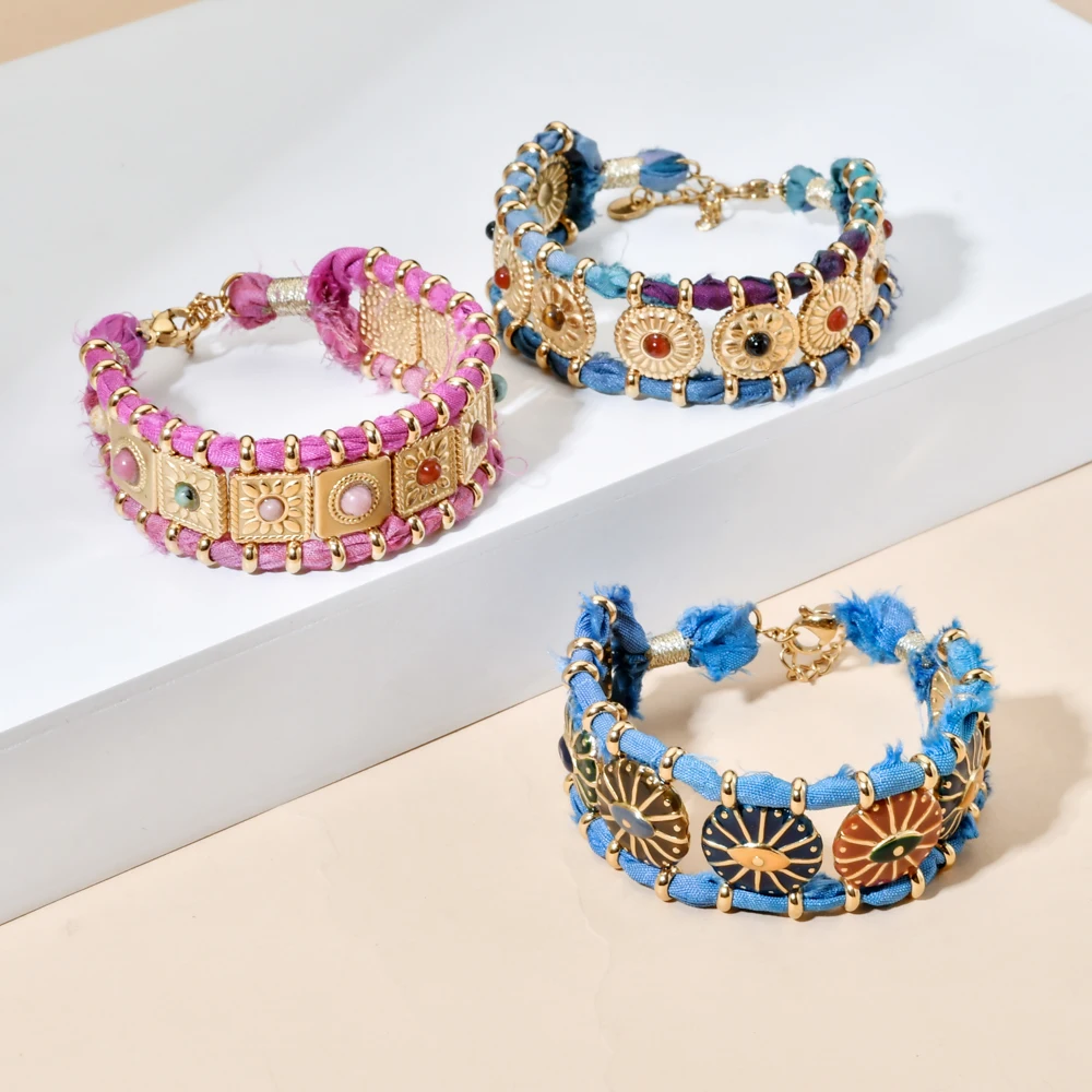 Boho Seide Goldfarben Steinperlen Armband Böhmischer Mujer Pulseras Moda Damen Armband Schmuck Handgefertigtes Geflochtenes Armband Großhandel – Detail 3