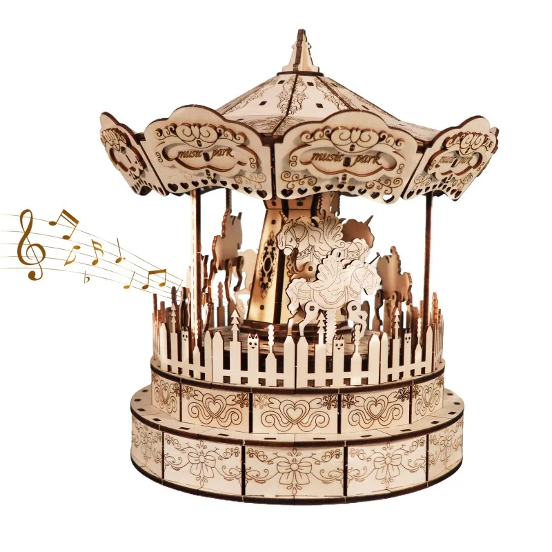 Music Park 3D Wooden Puzzle Carousel Music Box DIY Hand Assembled Mechanical Model Kit Carousel Music Box Christmas Gift