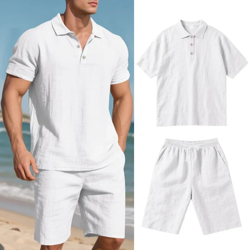 Pop Summer New Men's Suit Loose Casual Beach Holiday Style Linen Breathable POLO Shirt Short Sleeve+Shorts 2 Piece Suit