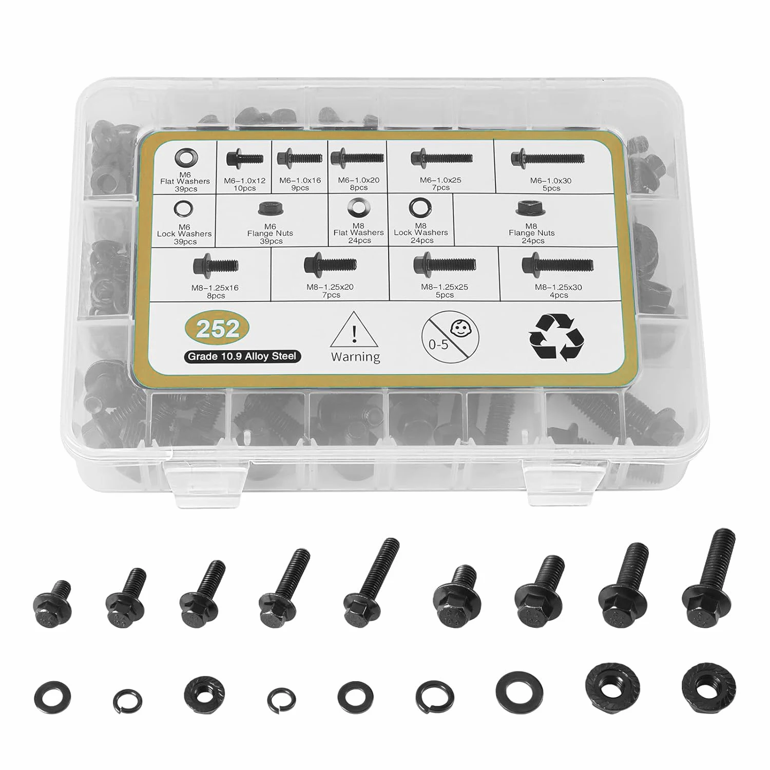 

252 Piece Flange Hex Head Bolt Nut Washer Kit M6 M8 Length (12to 30mm) 10.9 Grade Alloy Steel Black Zinc Plated