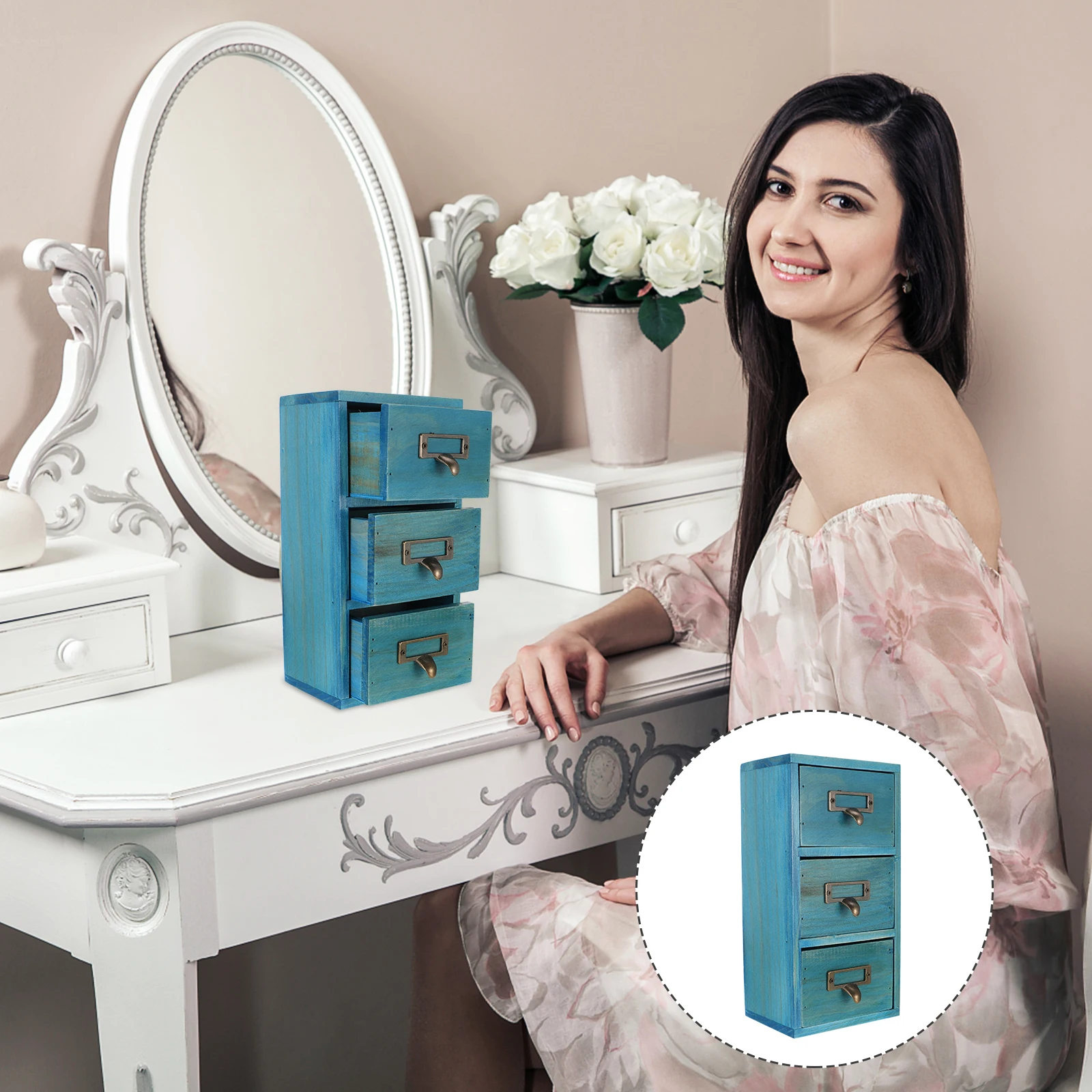 

Premium Wooden Storage Box With 3 Drawers Desktop Organizer For Cosmetics Jewelry Stationery Multi-Functional Home Office