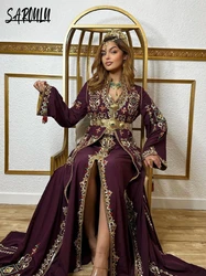 Luxury Moroccan Takshita A-line Evening Dresses V-neck Long Sleeve Customized Dress Kaftan Shiny Crystals Gown Robe De Mariée