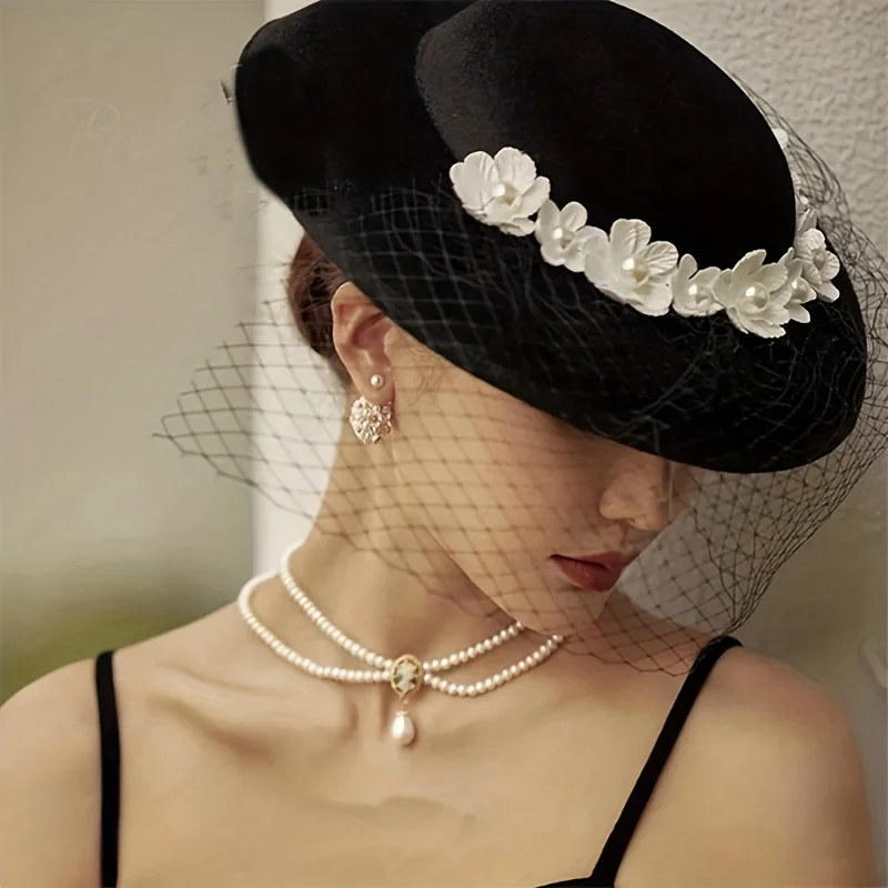 Hepburn Black French Veil Flower Hat Bridal Headwear Studio Accessories Dress Hat