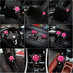 Cute Plush Rose Flower Crystal Car Seat Interior Steering Wheel Cover Headrest Gear Shifter Cover Hand Brake Cover Accessories