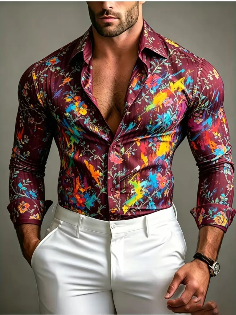 New men's architectural geometric starry abstract line composite printed long sleeved shirt with a hanging collar top