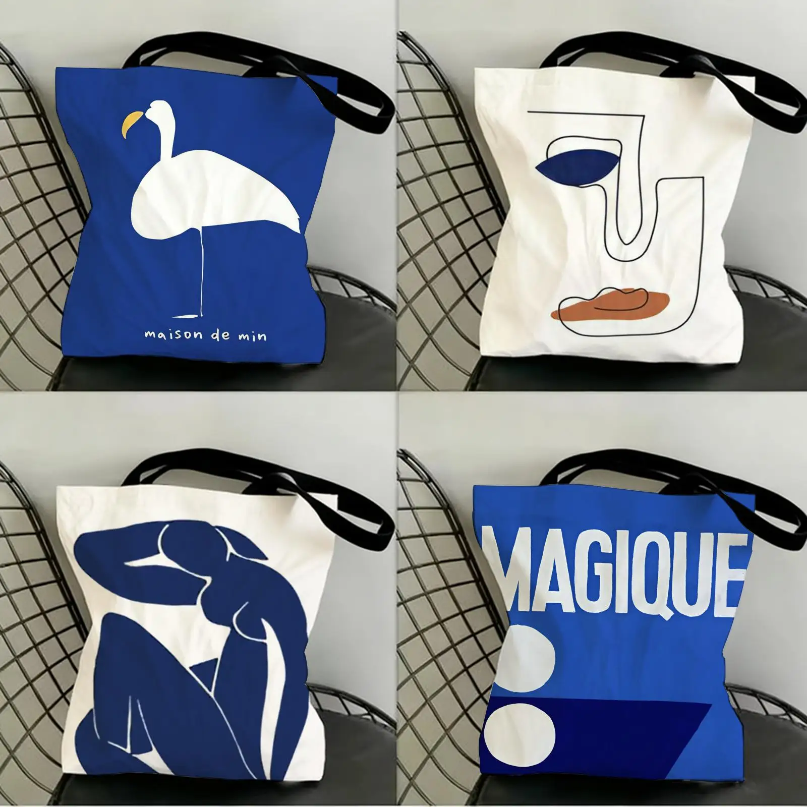 Bolsas de Almacenamiento Estilo Nórdico en Azul Klein, Bolsa de Lona con Estampado a Doble Cara, Bolsa de Compras de Moda, Bolsos de Mano para Regalo
