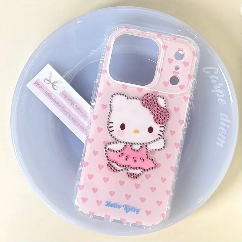 

Luxury Sparkling diamond 3D Love Hello kitty Cat Glitte Phone Case For iPhone 13 14 15 16 17 Pro Max Pink Y2K kitty Glitte Cover